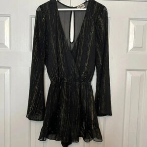 Show Me Your Mumu Black & Gold Striped Long-Sleeve Loretta Romper in Small